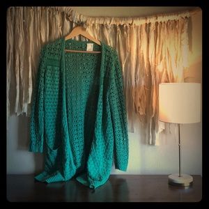 Green crochet long open cardigan